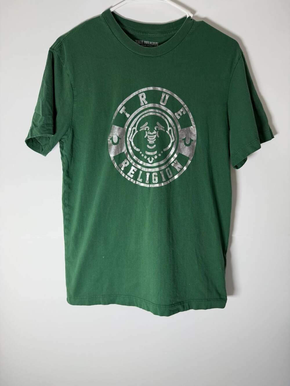 True Religion Buddha Face Graphic Tee Green & Silver Mens Size S